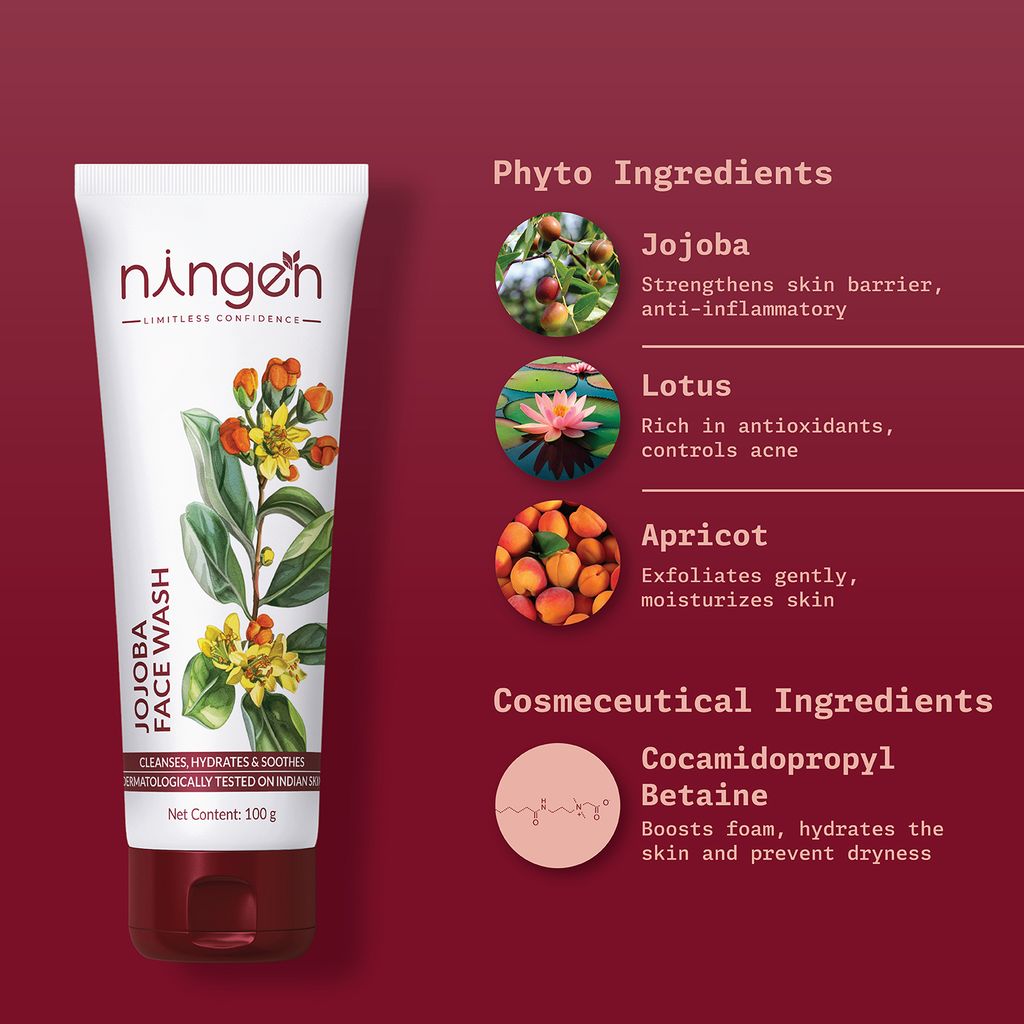 Ningen Jojoba Face Wash I Irritation Free, Paraben Free I Goodness of Lotus, Apricot, White Tea I Removes Dirt, Dead Cells, Unclogs Pores I 120g