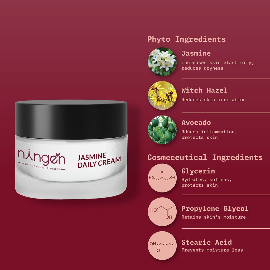Ningen Jasmine Daily Cream I Infused with Witch Hazel, Avocado, Lily Extracts I Dermatologically Tested, Paraben Free I For Brighter, Fuller and Softer Skin I 100g