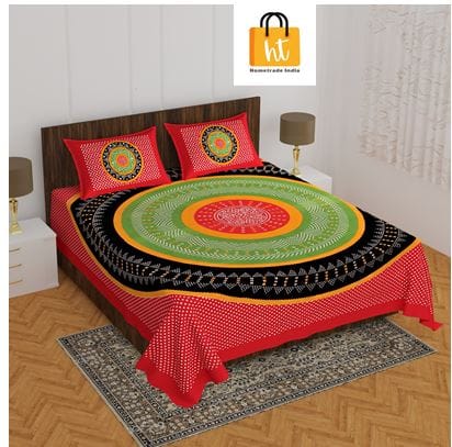 2001-kk-Bedsheet Adda-Pure Cotton Jaipuri Printed Double Bedsheet With 2 Pillow Covers-Bhandheej-red