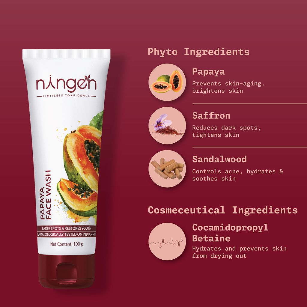 Ningen Papaya Face Wash I Enriched with Saffron and Sandalwood I Irritation Free, Paraben Free I Treats Dryness, Itching & Pollution allergy I 120g, White