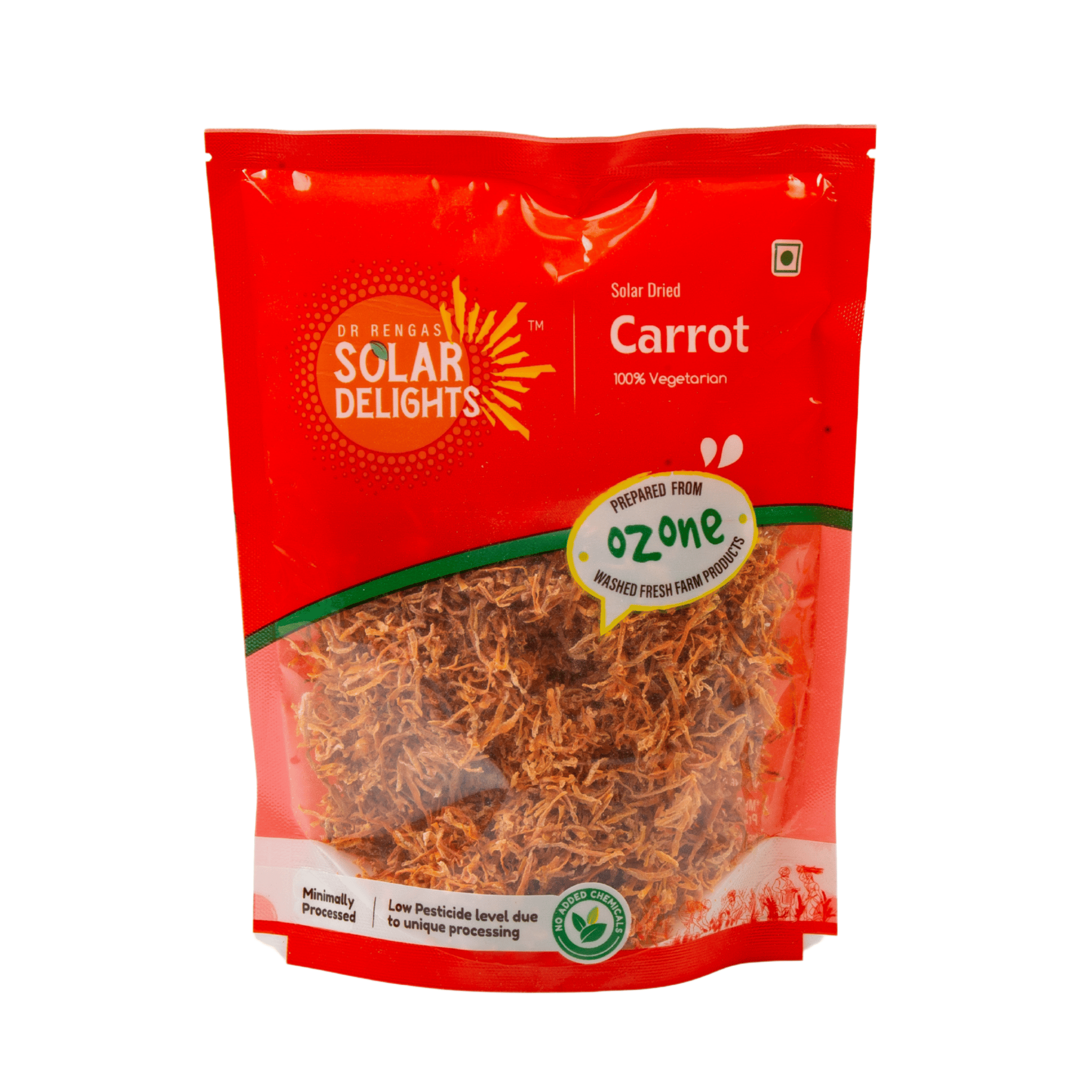 Solar Dried Carrot (Grated) 100g | Natural Dehydrated Vegetable | Ozone-Washed, Preservative-Free | Rich in Beta-Carotene & Fibre | Ready to Cook for Soups, Curries, Baby Food & Travel - Dr. Renga’s Solar Delights 