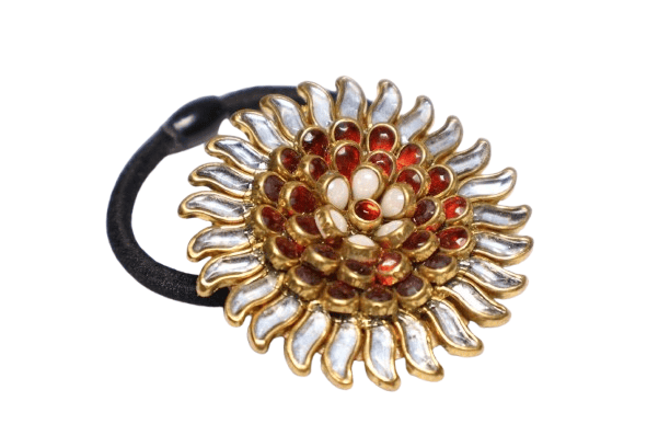 Designer Floral Hair Tie – Red & White Stone Embellished