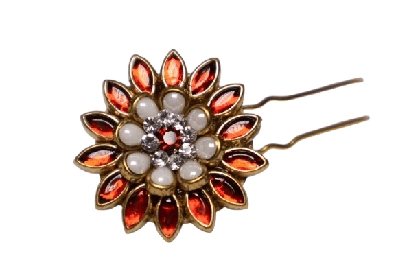 Red & White Floral Hair Pin – Designer Stone Embellished