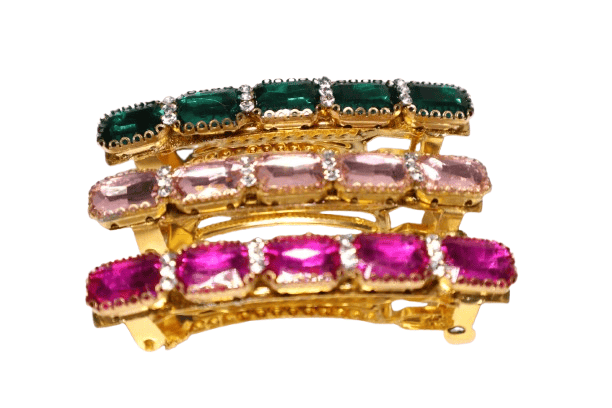 Set of 3 Designer Stone Hair Clips – Green, Pink & Magenta