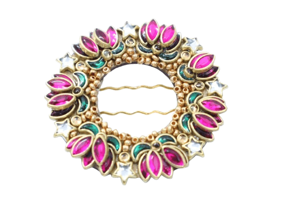 Pink & Green Round Floral Hair Clip – Designer Stone Embellished