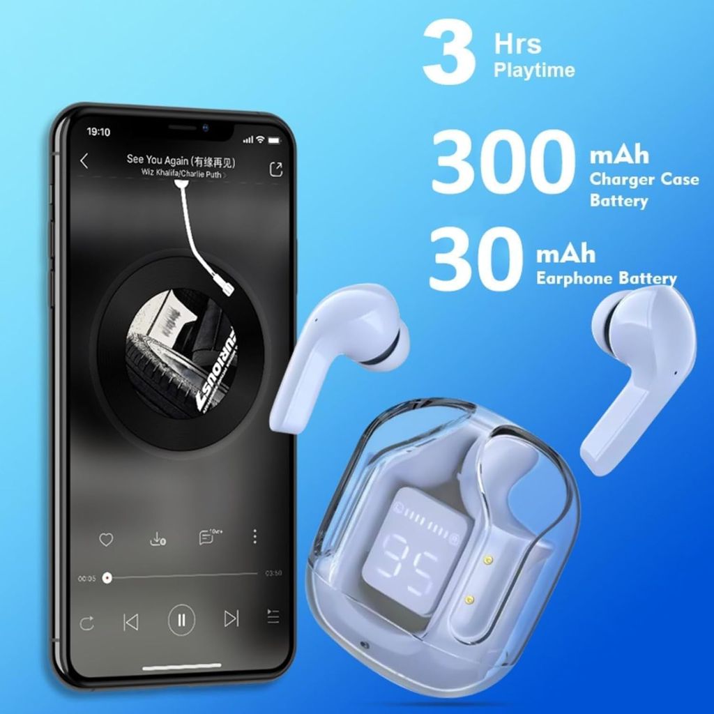 Ultrapods TWS Earbud Transparent Design, 30 Hrs Playtime with Fast Charging Bluetooth 5.3 10mm HD BASS Drivers (Multicolour)