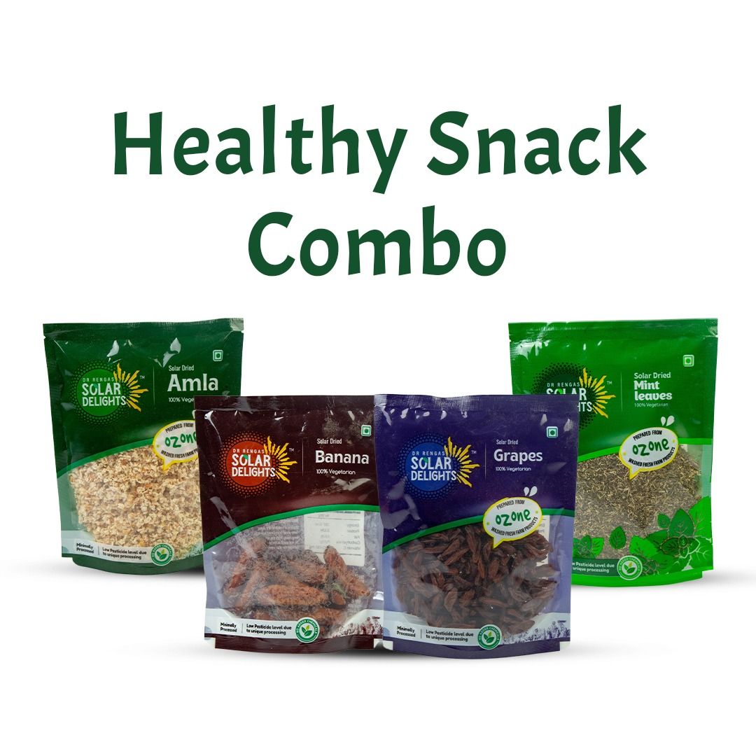 Buy Healthy Snack Combo 600g – Ozone-Washed Solar-Dried Amla, Banana, Grapes & Mint | Natural, No Added Sugar | Fiber & Antioxidant-Rich 4-in-1 Superfood Pack | Dr. Renga’s Solar Delights | Made in India