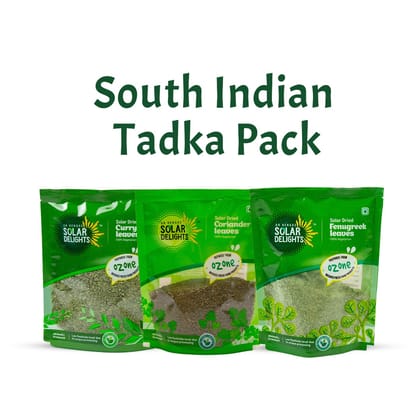 South Indian Tadka Pack 300g – Ozone-Washed Solar-Dried Curry Leaves, Fenugreek & Coriander | Natural, Preservative-Free | Made in India | Dr. Renga’s Solar Delights