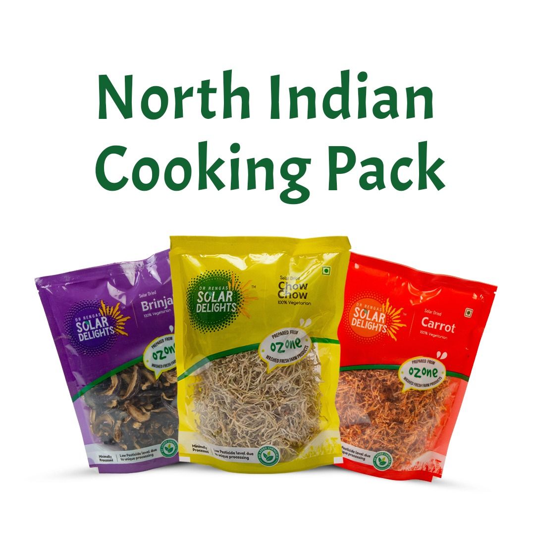 Buy Ozone-Washed North Indian Cooking Pack 300g – Solar-Dried Carrot, Brinjal & Chow Chow | 100% Natural, Preservative-Free Vegetables | Made in India | Dr. Renga’s Solar Delights | Pack of 3 (100g Each)
