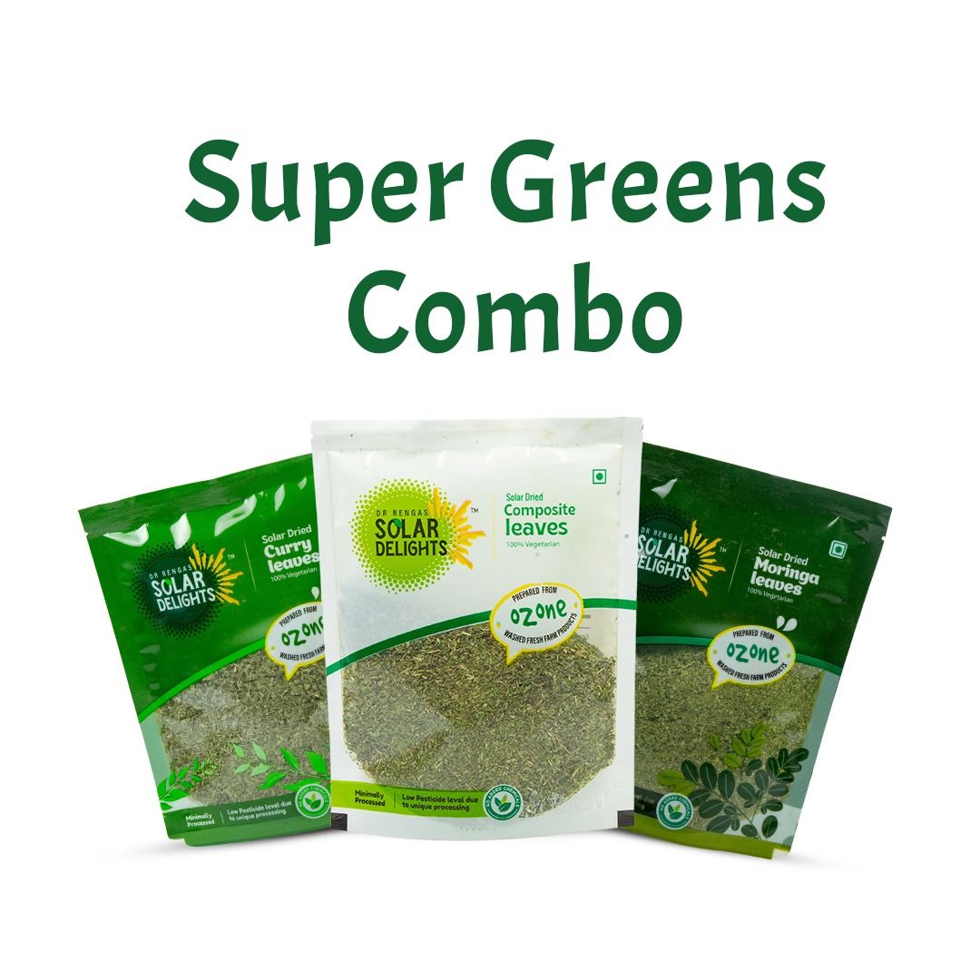 Buy Super Greens Combo 300g Online – Solar-Dried Moringa, Curry Leaves & Composite Greens | Rich in Iron, Calcium & Antioxidants | 100% Natural, Preservative-Free | Made in India | Dr. Renga’s Solar Delights