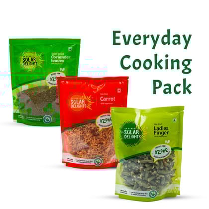 Buy Ozone-Washed Everyday Cooking Pack 300g – Solar-Dried Lady’s Finger, Carrot & Coriander | 100% Natural, Preservative-Free Vegetables | Made in India | Dr. Renga’s Solar Delights | Pack of 3 (100g Each)