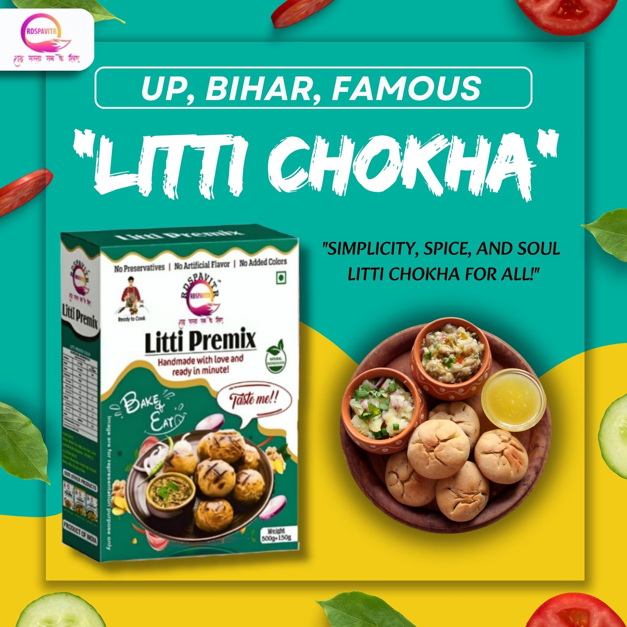 Litti Premix | Atta 200g, Sattu 80g, Chokha 70g and Peanut Chutney 50g, Seasoning | Taste of Bihar | Ready To Cook