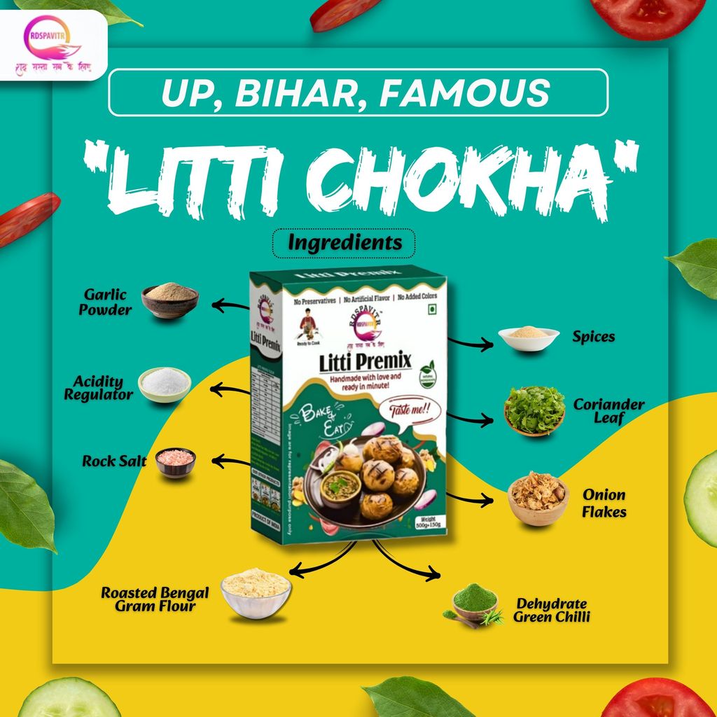 Litti Premix | Atta 200g, Sattu 80g, Chokha 70g and Peanut Chutney 50g, Seasoning | Taste of Bihar | Ready To Cook