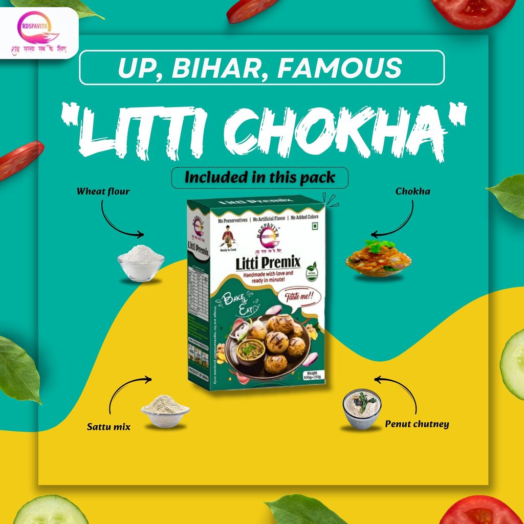 Litti Premix | Atta 200g, Sattu 80g, Chokha 70g and Peanut Chutney 50g, Seasoning | Taste of Bihar | Ready To Cook