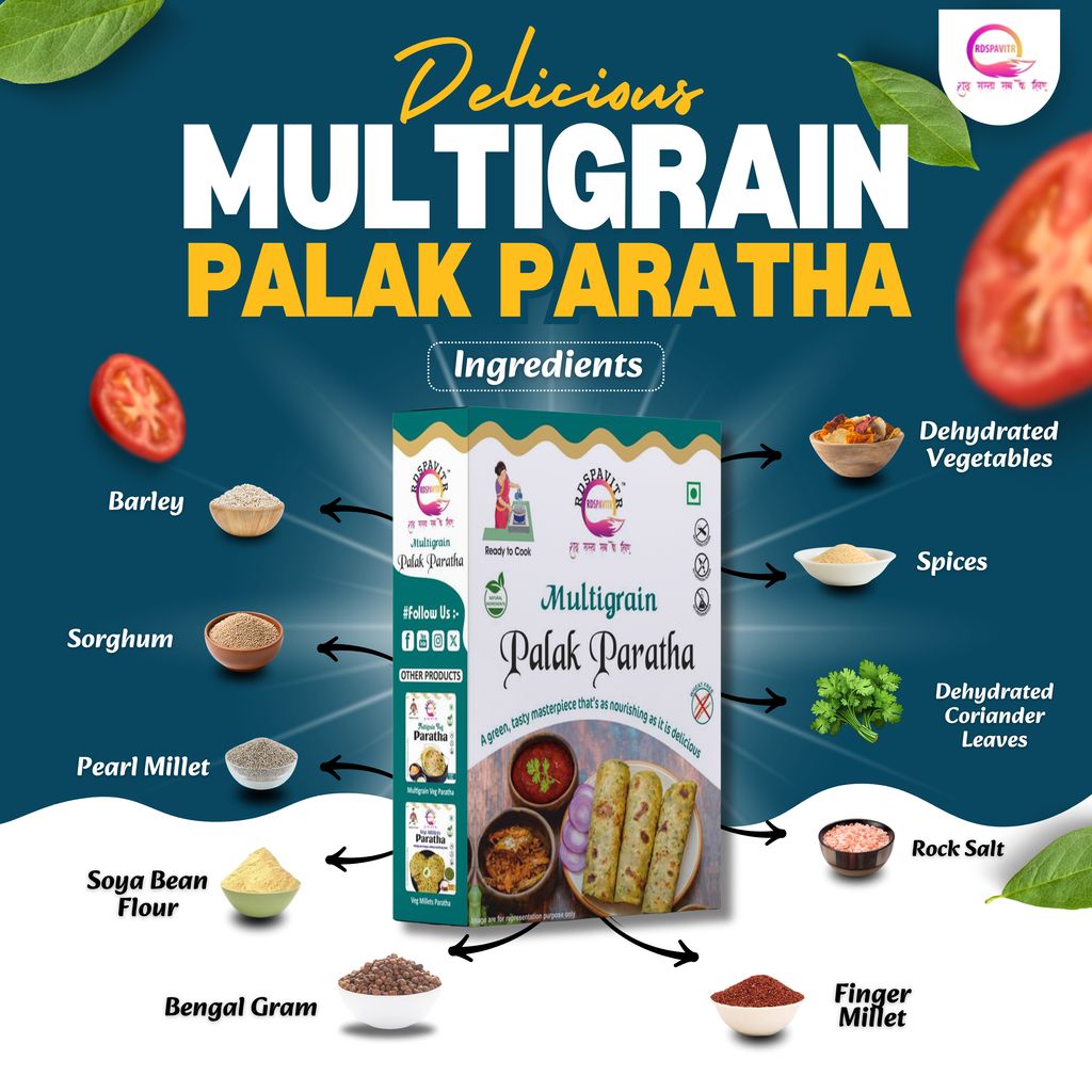 Multigrain Palak Paratha | Paratha Premix 300 Gm, Peanut Chutney 50g and Mix Pickle 50g | Ready To Cook | No Preservative | Made With Natural Ingredients