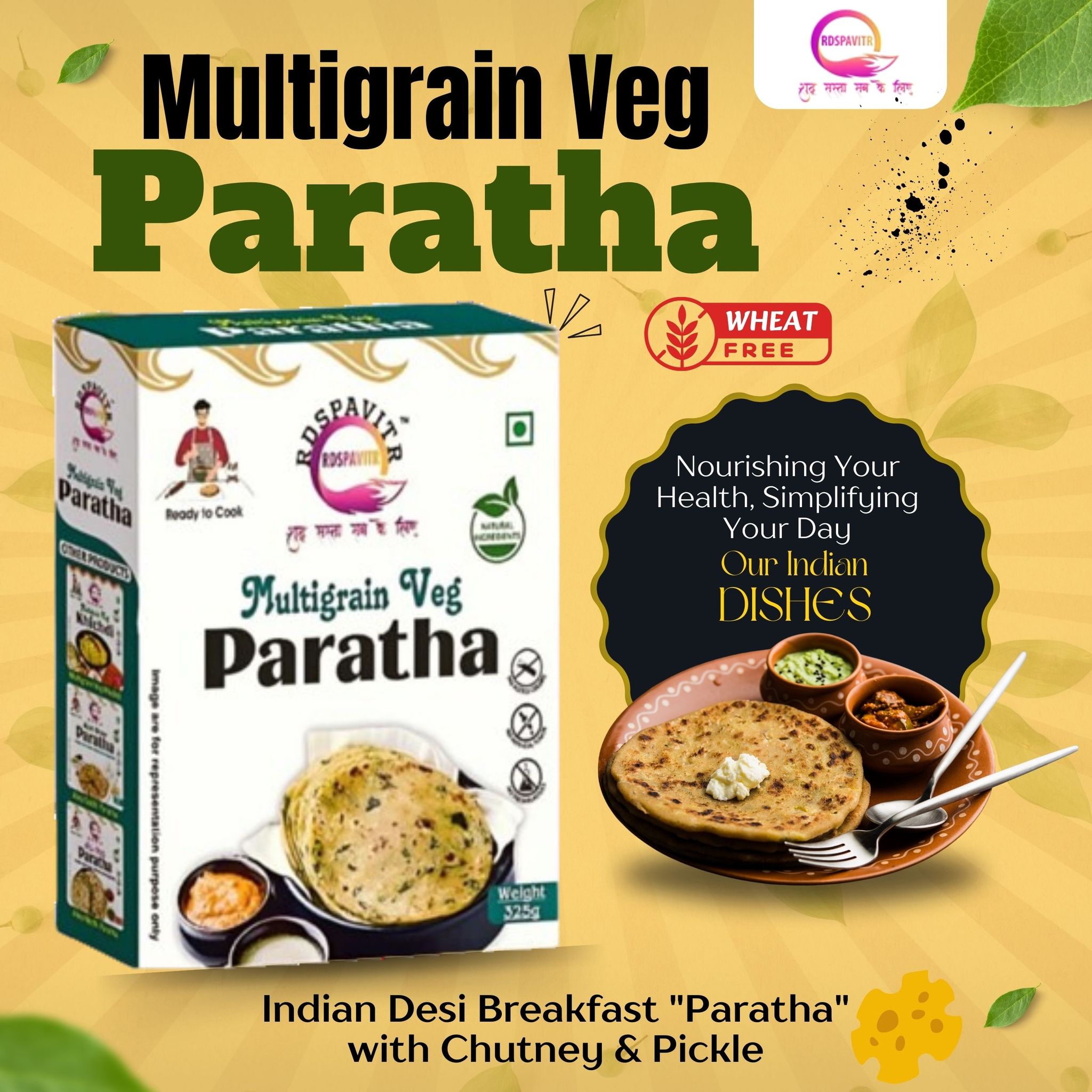 Wheat Free Multigrain Veg Parath | Paratha Premix 300 Gm, Peanut Chutney 50g and Mix Pickle 50g | Ready To Cook | No Preservative | Made With Natural Ingredients