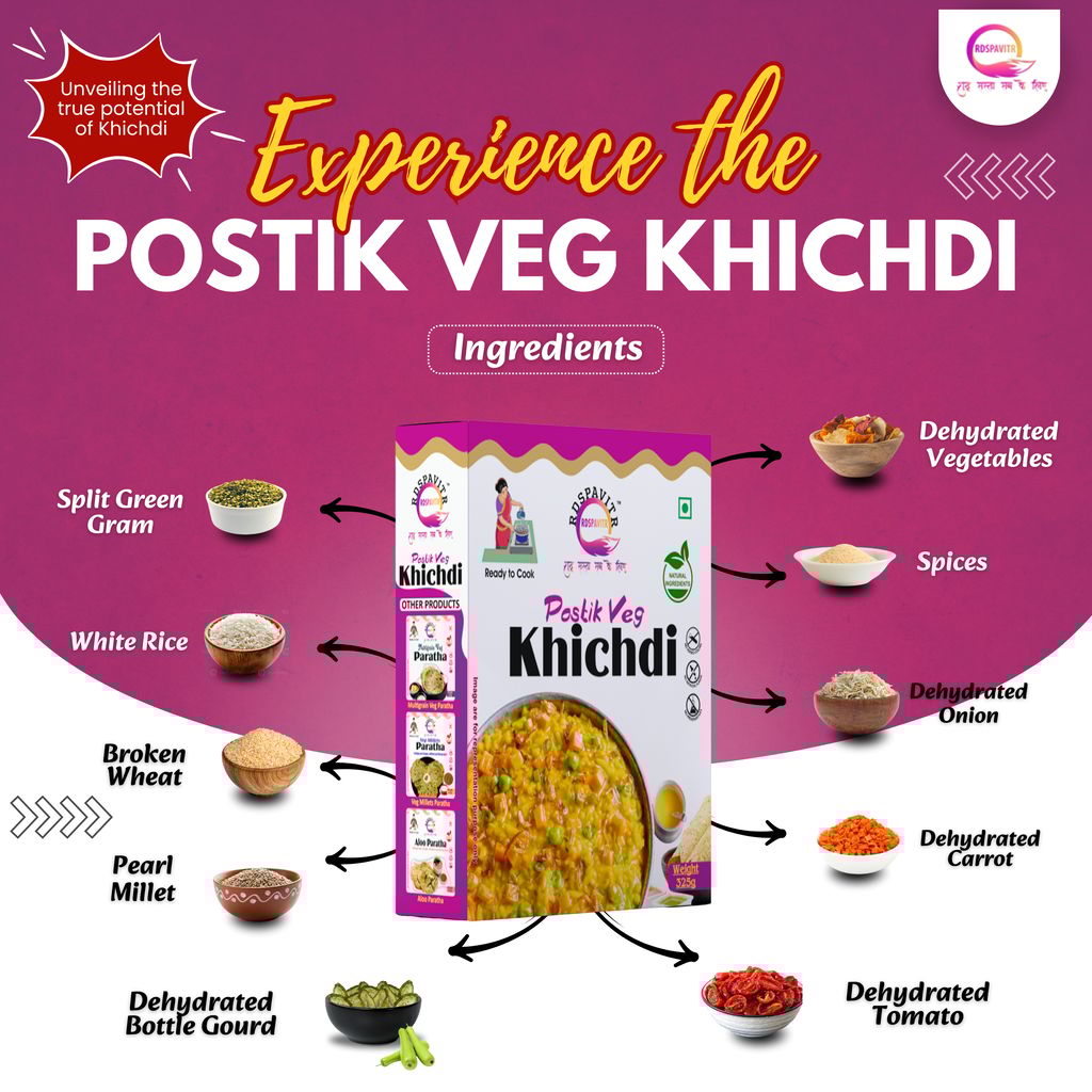 Postik Veg Khichdi | Premix Khichdi 300 Gm, Peanut Chutney 50g and Mix Pickle 50g | Ready in 10 Minutes | Rich in Protein & High Fiber