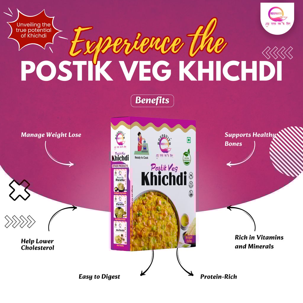 Postik Veg Khichdi | Premix Khichdi 300 Gm, Peanut Chutney 50g and Mix Pickle 50g | Ready in 10 Minutes | Rich in Protein & High Fiber