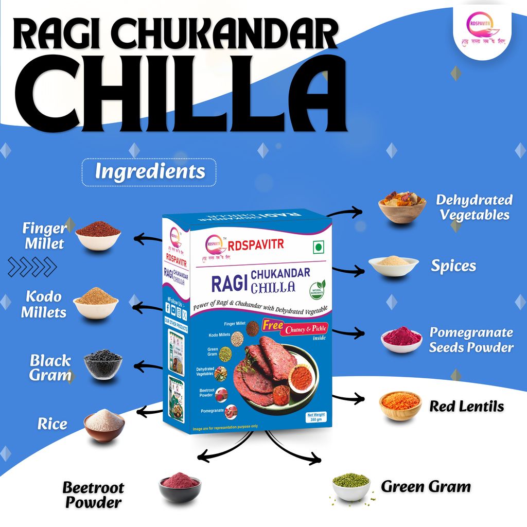 Ragi Chukandar Chilla | Chilla Premix 250 Gm, Peanut Chutney 50g and Mix Pickle 50g | Ready To Cook | No Preservative | Made With Natural Ingredients