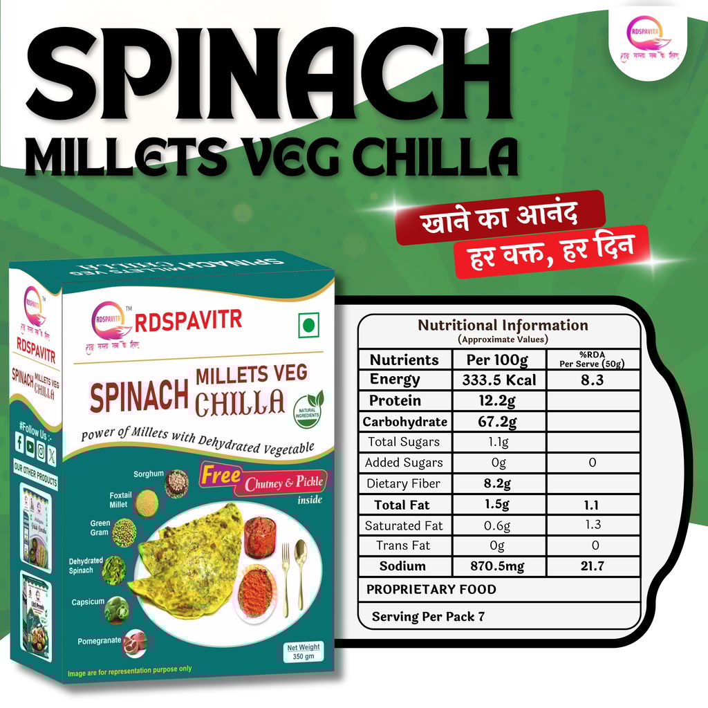 Spinach Millets Veg Chilla | Chilla Premix 250 Gm, Peanut Chutney 50g and Mix Pickle 50g | Ready To Cook | No Preservative | Made With Natural Ingredients