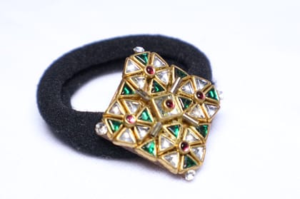 Traditional Kundan & Stone Studded Hair Tie – Black Elastic Band