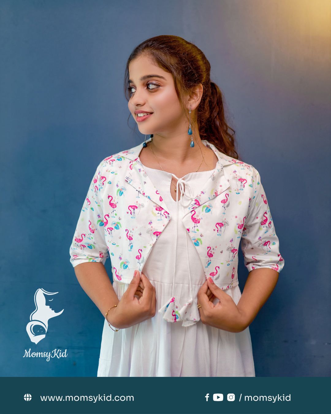 White Dobby Rayon Midi Length Dress with Flamingo Overcoat - Half Sleeve