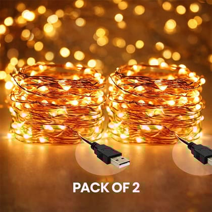 SPARKWORLD USB Powered Warm White Fairy Lights Pack of 2 | 5 Meter Copper Wire String Lights for Bedroom, DIY Decor, and Festive Lighting | Size: 9.98 m | Colour: Yellow