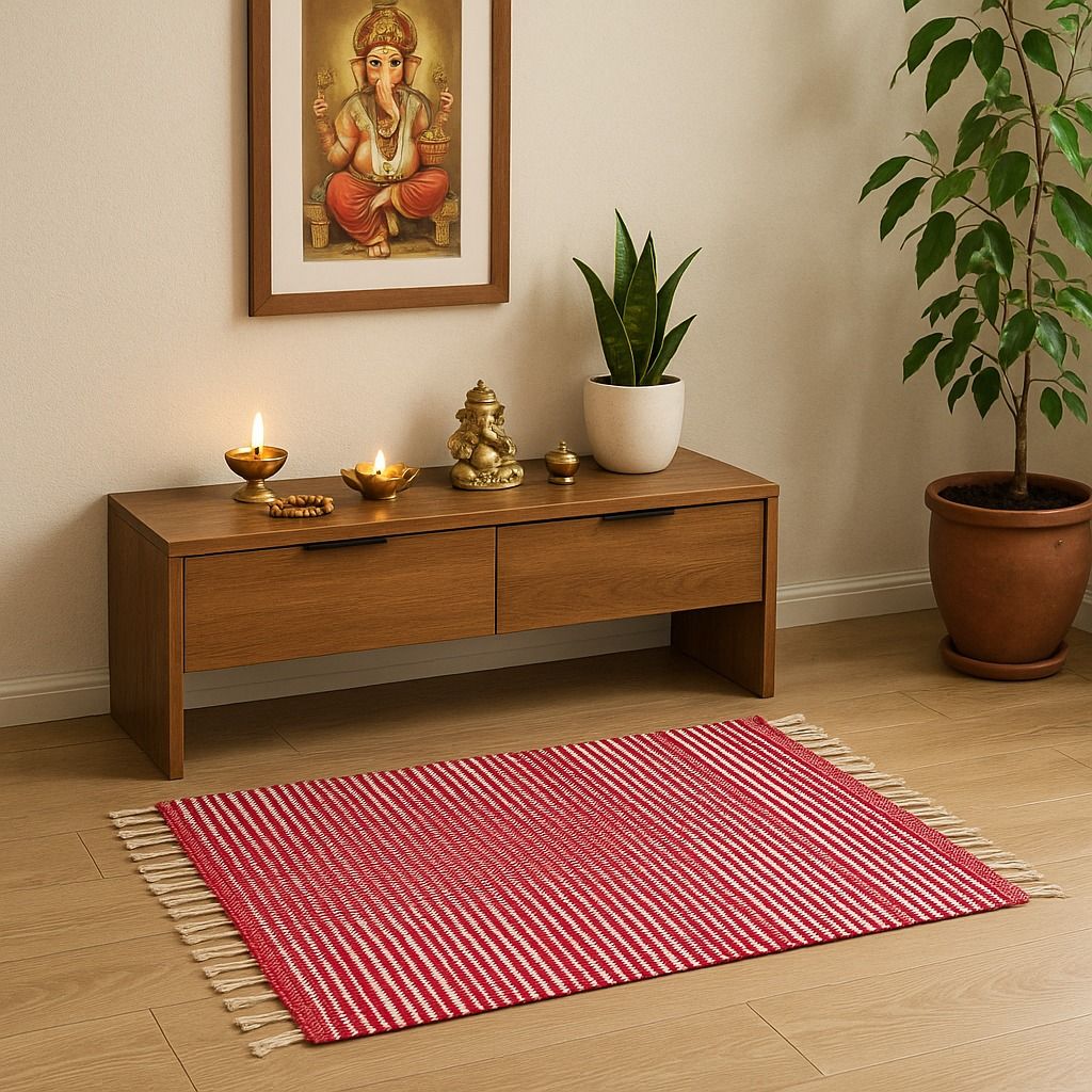 Vibrant Red & White Striped Handloom Cotton Dhurrie Floor Mat