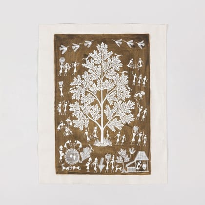 Eyaas Warli Painting of Tree of Life on Cotton Cloth in Tribal Folk Style