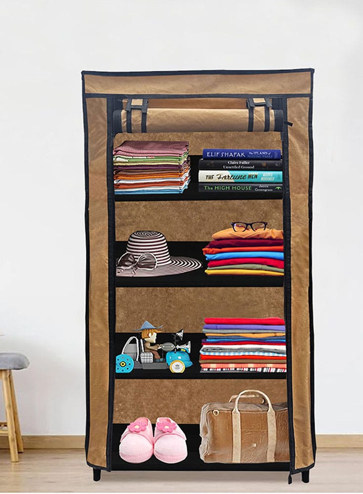 PHILOSHOP 4-Shelves Durable Metal Frame Modular Collapsible Wardrobe with 10-Inch Gapping in each Shelf  & 100 GSM Fabric in Blue