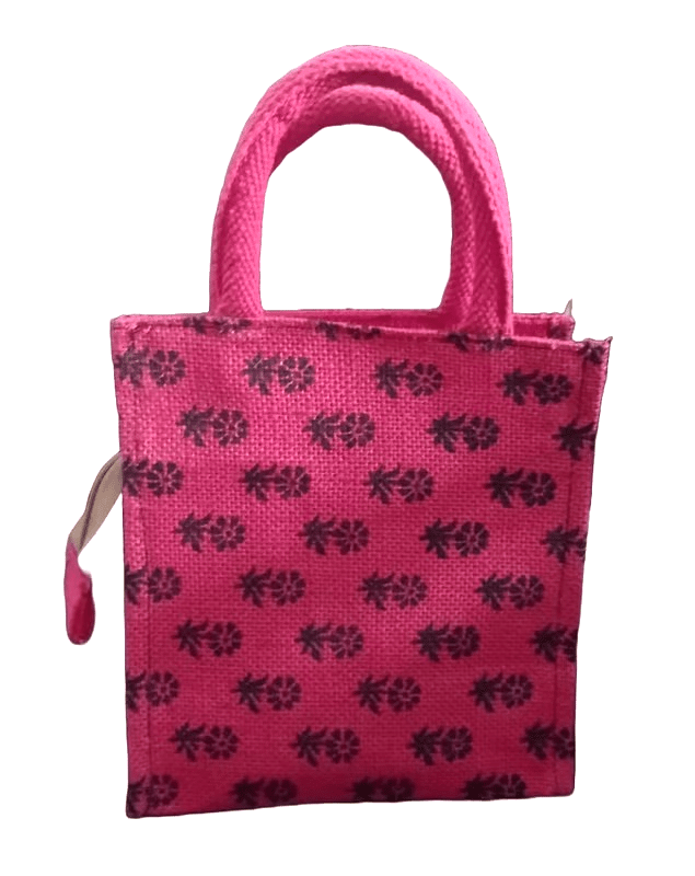 Vibrant Pink Jute Floral Print Small Gift Bag - Eco-Friendly & Reusable Mini Tote
