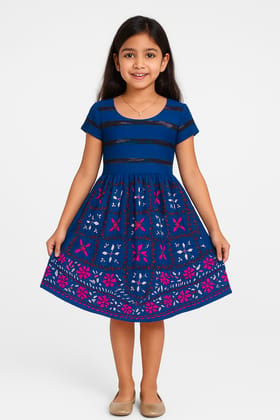 Blue Blossom Hand-Embroidered Cotton Dress for Girls