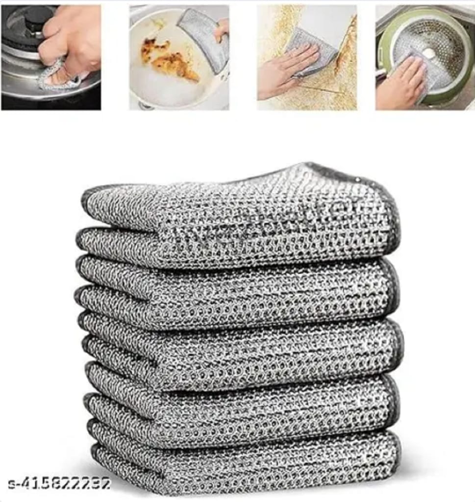 QINPIN Dual-Layer Mesh Dishcloth - Durable Non-Scratch Wire Kitchen Cleaning Cloth Wet and Dry Steel Cleaning Cloth (Pack of 5)