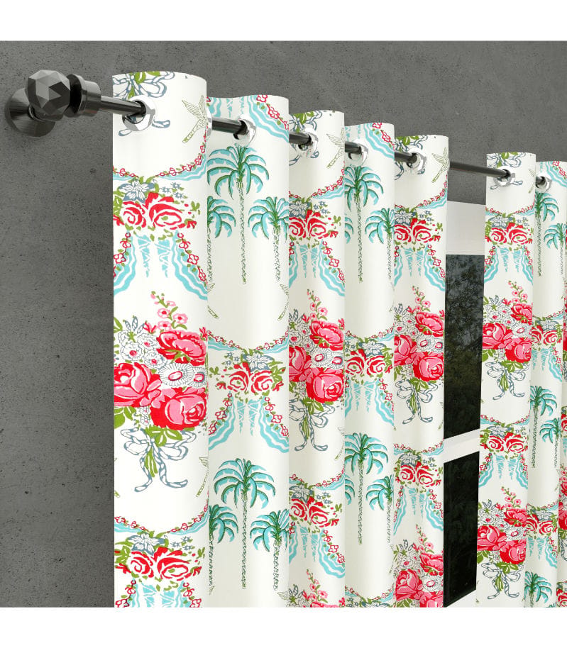 Mela Garden Rose Curtains Block Printed Floral in 100% Cotton(9 Feet )