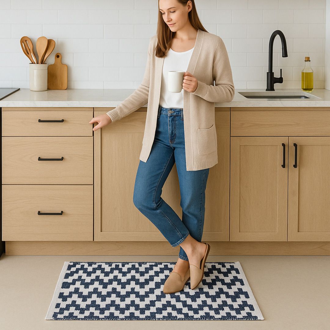 Modern Blue White Zigzag Kitchen Mat | Durable Washable Area Rug