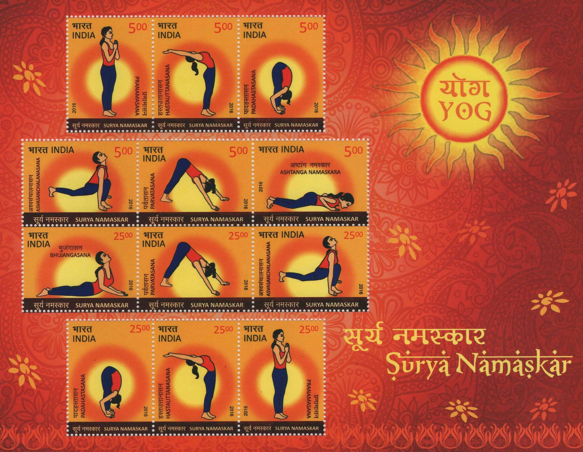Shobhaphila's Indian Miniature Sheet - Yoga Surya Namaskar  Stamps ( 20th June 2016)