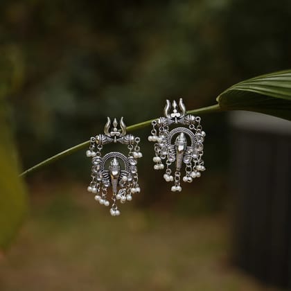 Oxidized Ganesh Trishul Dangler Earrings