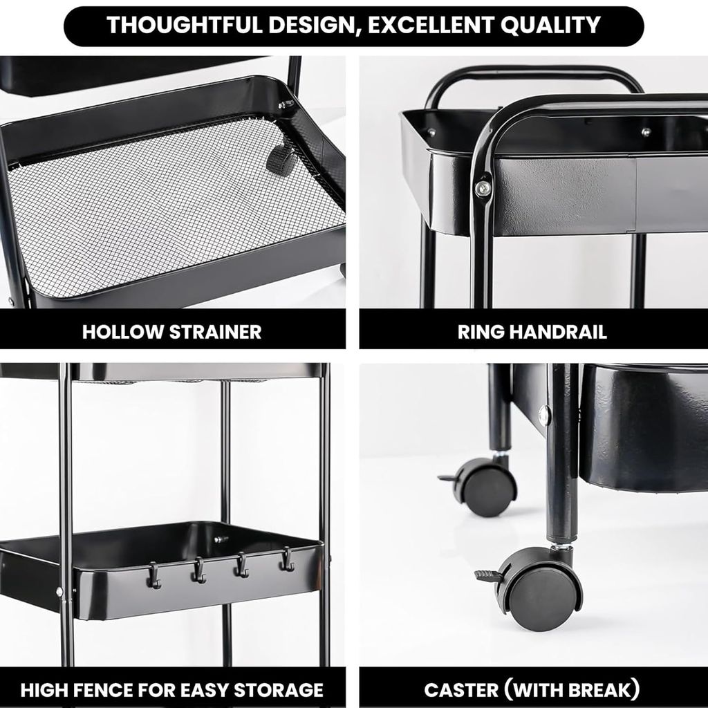 Black 4-Tier Metal Rolling Utility Cart for Kitchen, Bathroom, Home Storage