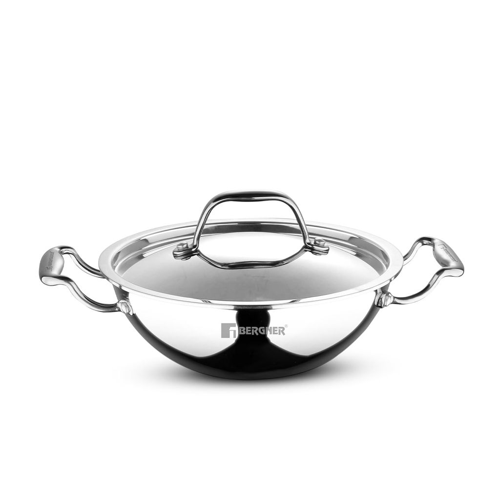 BERGNER Argent TriPly Stainless Steel 20cm Kadai with Stainless Steel Lid, 1.5 Liters Small Kadhai, Less Oil Use, Food Safe - Induction and Gas Stove Ready - Cookware | Buy online on ZillyBuy