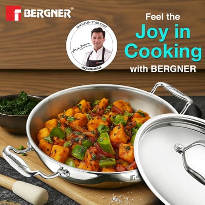 BERGNER Argent TriPly Stainless Steel 20cm Kadai with Stainless Steel Lid, 1.5 Liters Small Kadhai, Less Oil Use, Food Safe - Induction and Gas Stove Ready