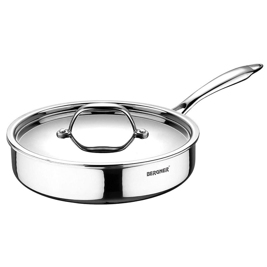 BERGNER Argent TriPly Stainless Steel 26 cm (3.1 L) Sautepan with Stainless Steel Lid, Stay Cool Cast Handle, Healthy Cooking, Less Oil Use, Food Safe, Durable - Induction and Gas Stove Ready - Cookware | Buy online on ZillyBuy