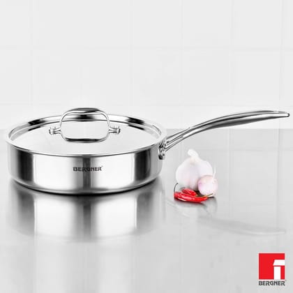 BERGNER Argent TriPly Stainless Steel 26 cm (3.1 L) Sautepan with Stainless Steel Lid, Stay Cool Cast Handle, Healthy Cooking, Less Oil Use, Food Safe, Durable - Induction and Gas Stove Ready