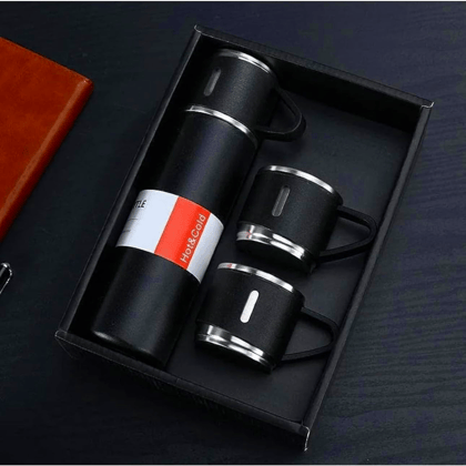Gray Vacuum Bottle with 3 Cups Set - Travel Gift