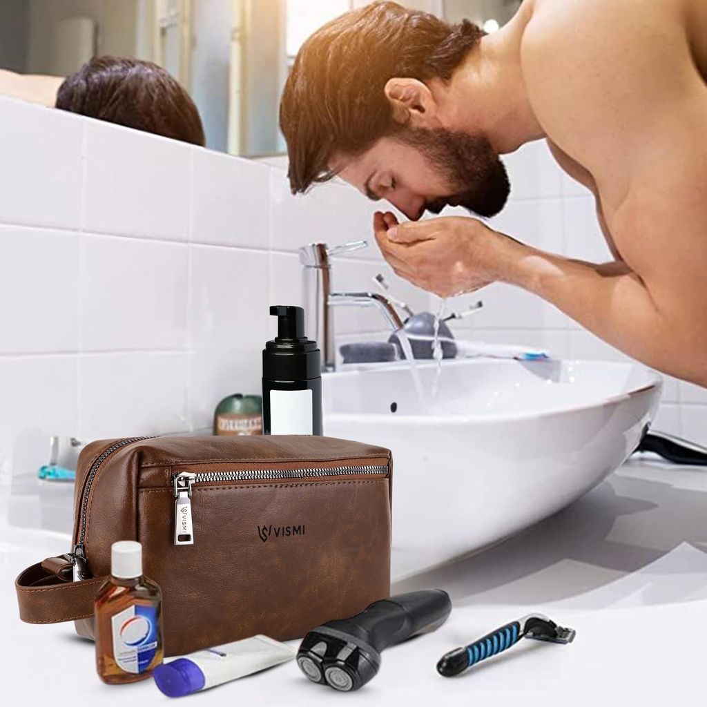Men Toiletry Pouch | Pu Vegan Leather Travel Bag | Cosmetic Organizer | Water Resistant with Multi Compartment | Travel Organizer Bag