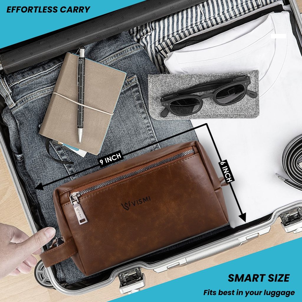 Men Toiletry Pouch | Pu Vegan Leather Travel Bag | Cosmetic Organizer | Water Resistant with Multi Compartment | Travel Organizer Bag