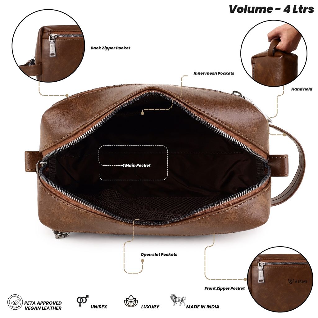 Men Toiletry Pouch | Pu Vegan Leather Travel Bag | Cosmetic Organizer | Water Resistant with Multi Compartment | Travel Organizer Bag