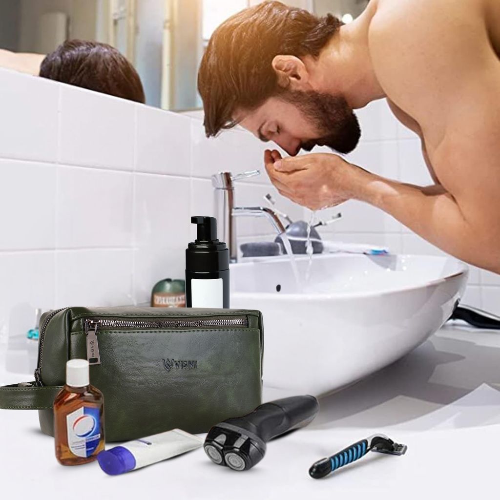 Men Toiletry Pouch | Pu Vegan Leather Travel Bag | Cosmetic Organizer | Water Resistant with Multi Compartment | Travel Organizer Bag