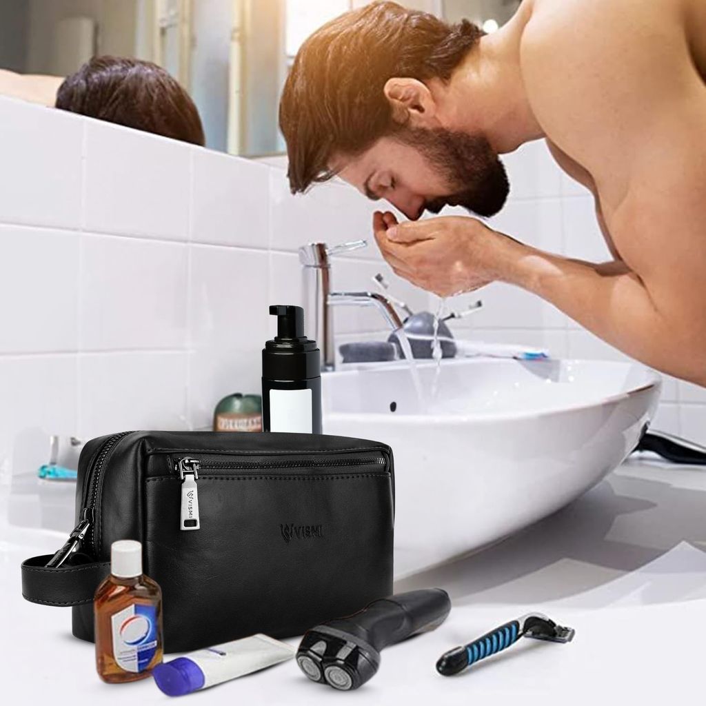 Men Toiletry Pouch | Pu Vegan Leather Travel Bag | Cosmetic Organizer | Water Resistant with Multi Compartment | Travel Organizer Bag