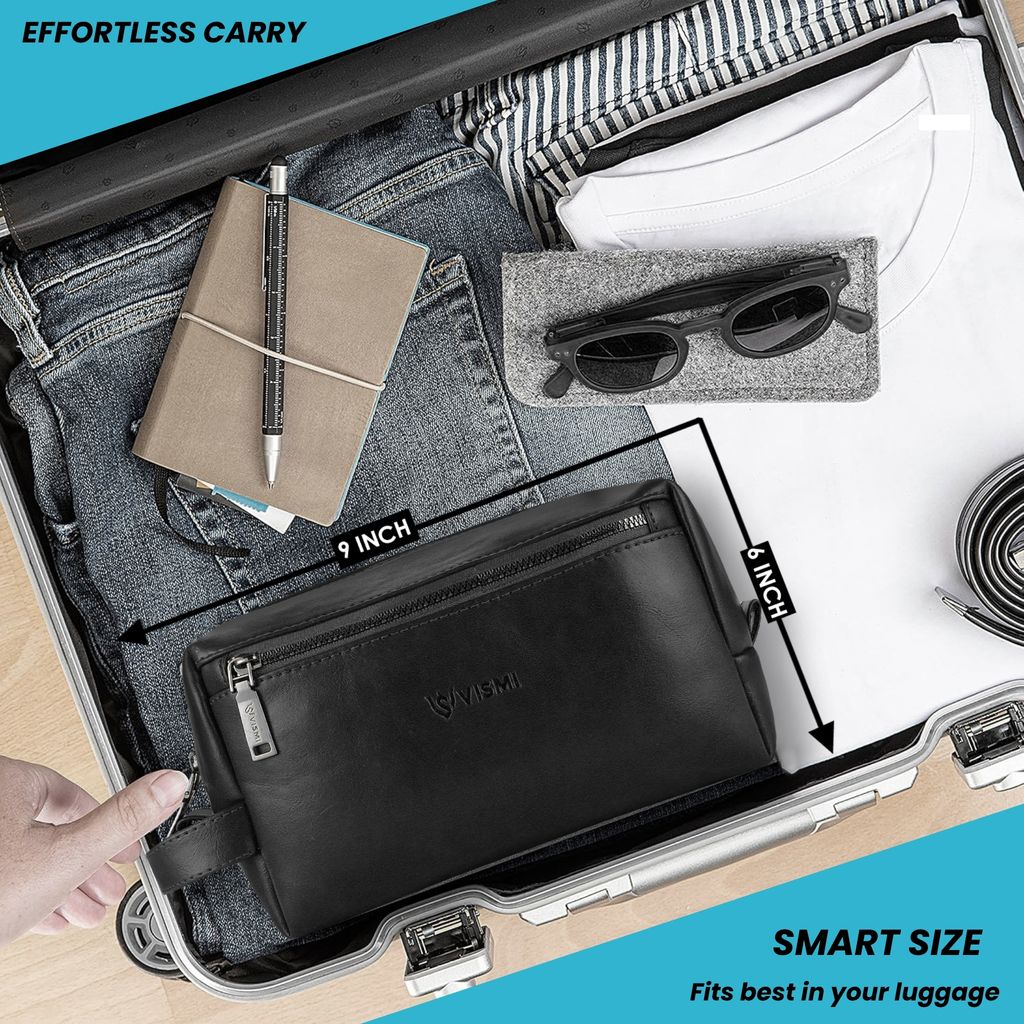 Men Toiletry Pouch | Pu Vegan Leather Travel Bag | Cosmetic Organizer | Water Resistant with Multi Compartment | Travel Organizer Bag