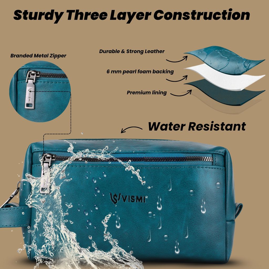 Men Toiletry Pouch | Pu Vegan Leather Travel Bag | Cosmetic Organizer | Water Resistant with Multi Compartment | Travel Organizer Bag